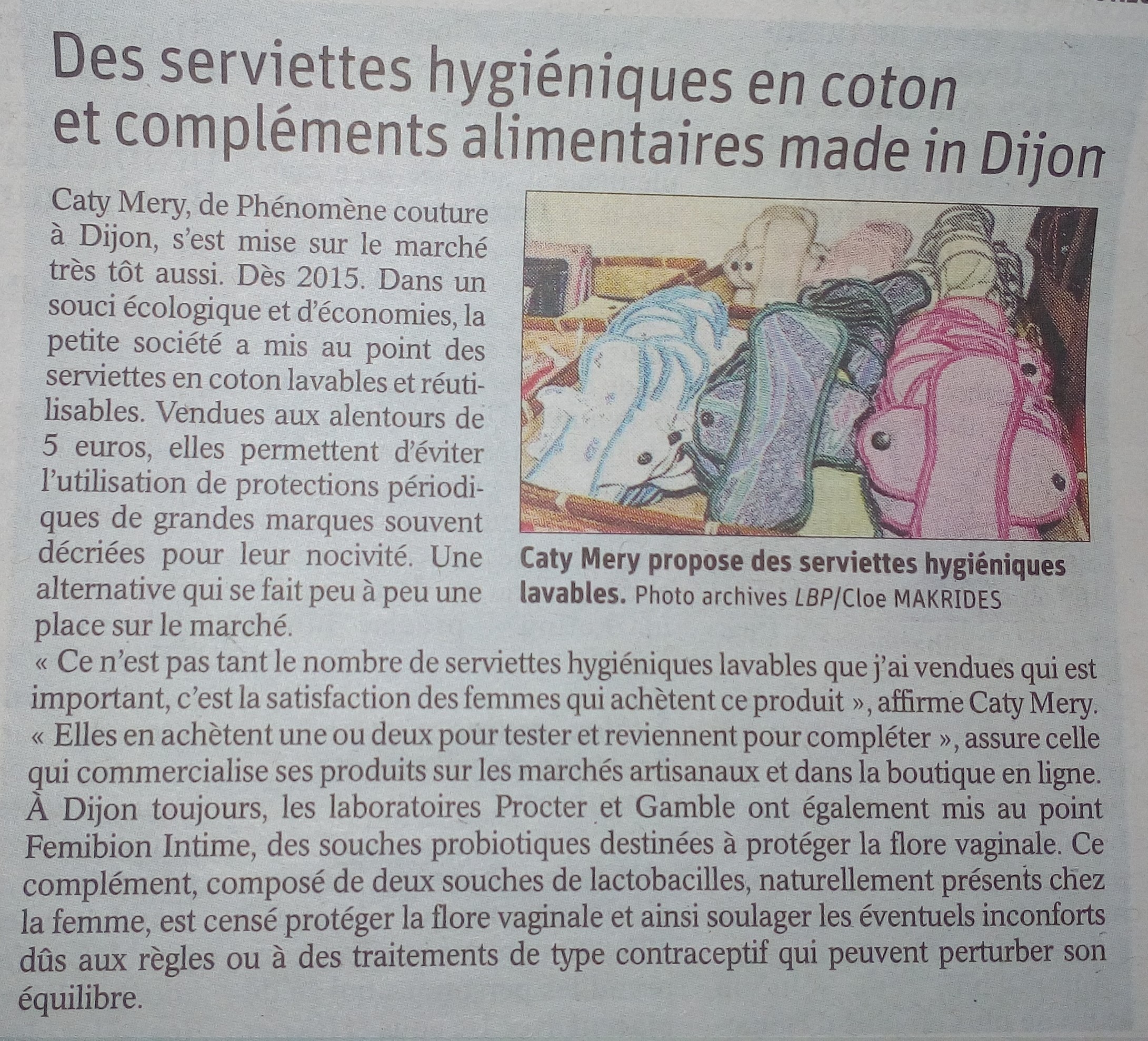 Le bien public parle des serviettes hygiéniques lavables fabriquées à Dijon par Phénomène Couture